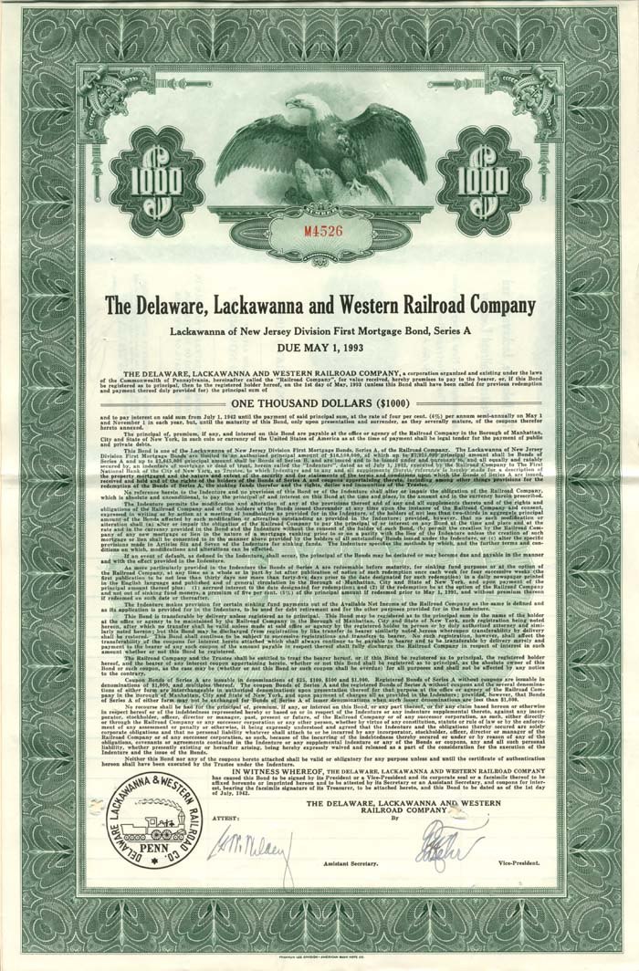 Delaware, Lackawanna and Western Railroad Co. - $1,000 Bond